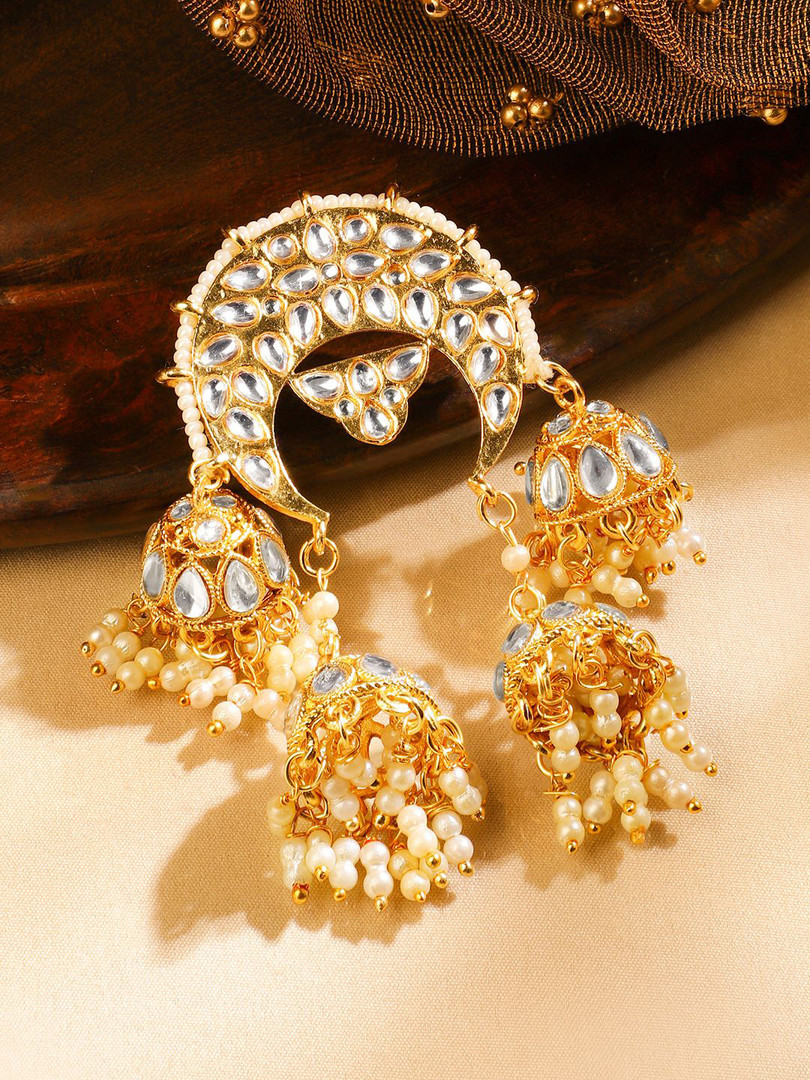 Rubans 18K Gold-Plated Crescent Kundan Hair Accessory with Pearl Beaded Jhumka Tassels
